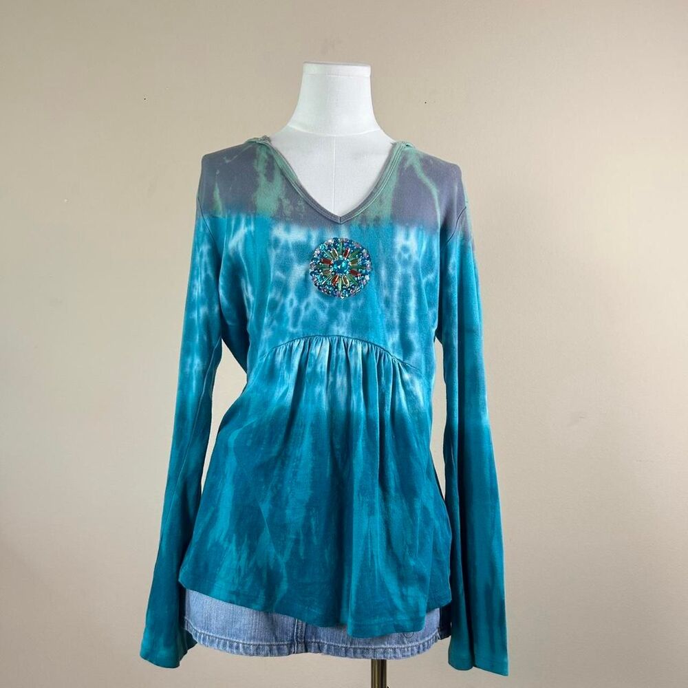 Adorable IDI Blue Beaded Tie Dye Whimsigoth Fairy Boho Babydoll Zip-up Hoodie
